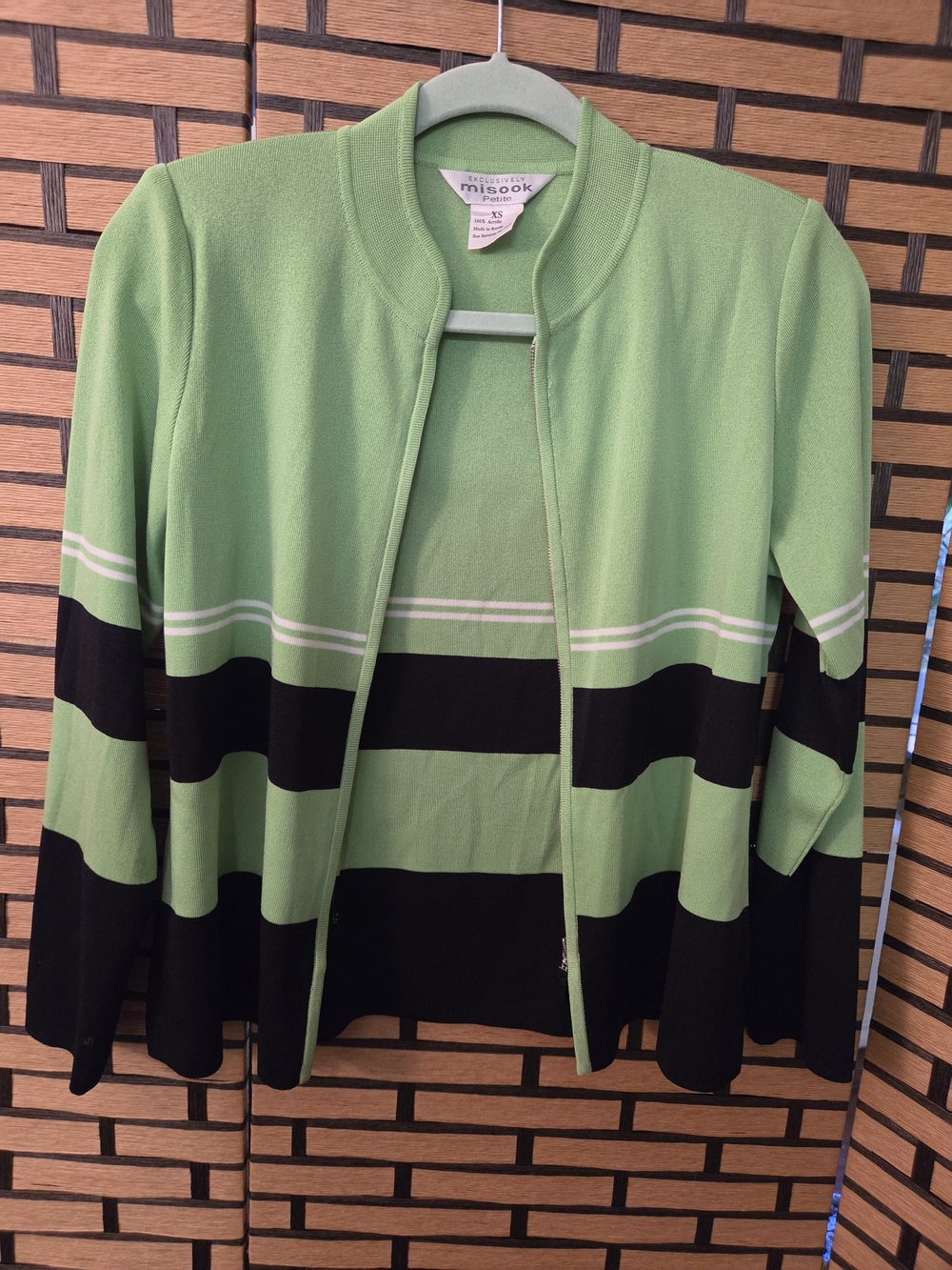 Misook Green and Black Striped Open Cardigan Sweater